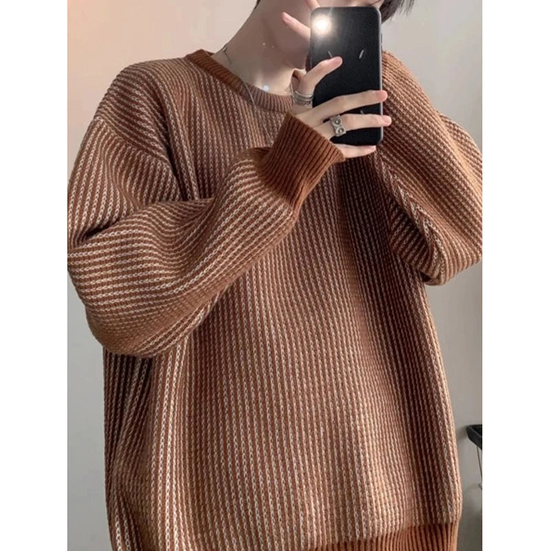 Threebooy  New Japanese Trendy Men Sweater High Street Patchwork Knitted O Neck Long Sleeve Pullover Casual Loose Premium Quality Knitwear