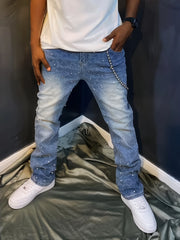 Threebooy  Men's Diamond-Decorated Stretch Straight-Leg Jeans Suitable for All Seasons, Street Style, Hip-Hop, Skateboarding, Rap, Party, and Dance