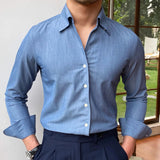 Threebooy British Style Casual All-match Solid Color Summer Shirt Trendy Denim Blue Business Formal Dress Shirt Long Sleeve Shirt Men