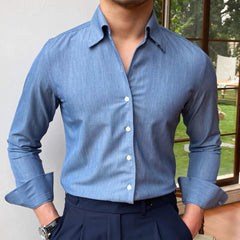 Threebooy British Style Casual All-match Solid Color Summer Shirt Trendy Denim Blue Business Formal Dress Shirt Long Sleeve Shirt Men