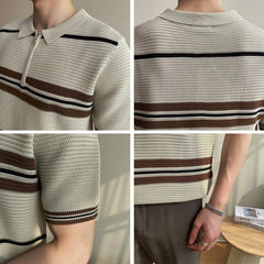 Threebooy  Summer Knitted Striped Polo Shirts Men Half Zip Short Sleeved Lapel T-shirt Slim Fit Business Casual Formal Social Polos