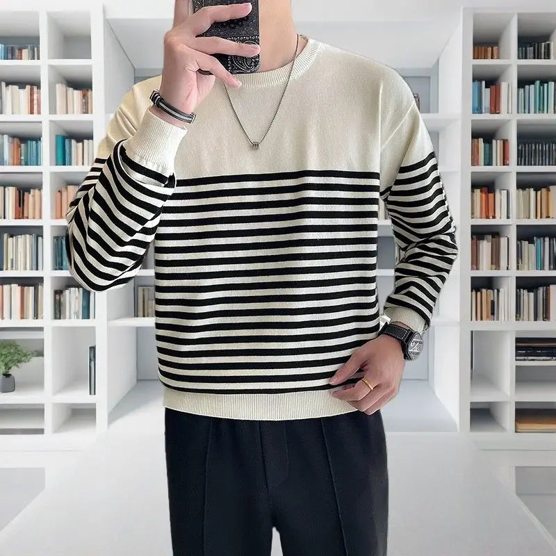 Threebooy  Trend Casual Autumn Winter Men Sweaters O-Neck Striped Contrast Color Korean Casual Loose Pullovers Knitd Bottoming Shirt Tops