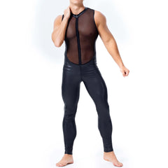 Threebooy Mens Undershirts Mesh PU Leather See Through Vest Bodysuits Leotard Stage Dance Nightclub Long Pants LGBT Sexy Lingerie Jumpsuit