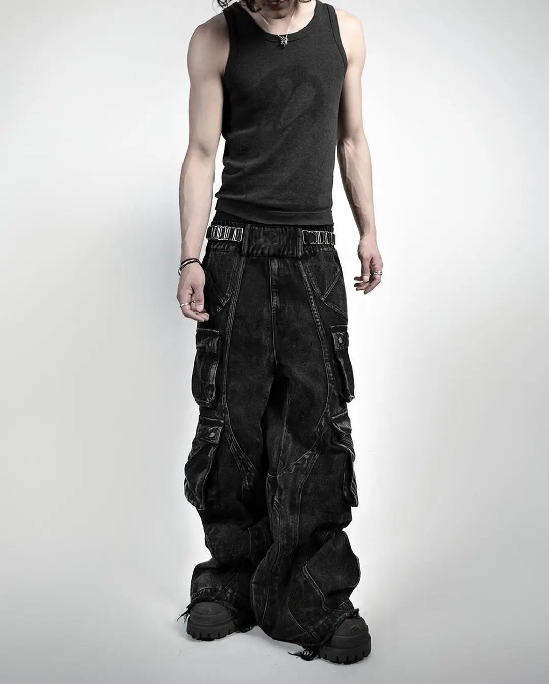 Threebooy Black Slouchy Jeans Goth Hip Hop Ripped Lots of Pockets Baggy Jeans Men and Women Harajuku Retro Y2k Denim Pants Streetwear Hot