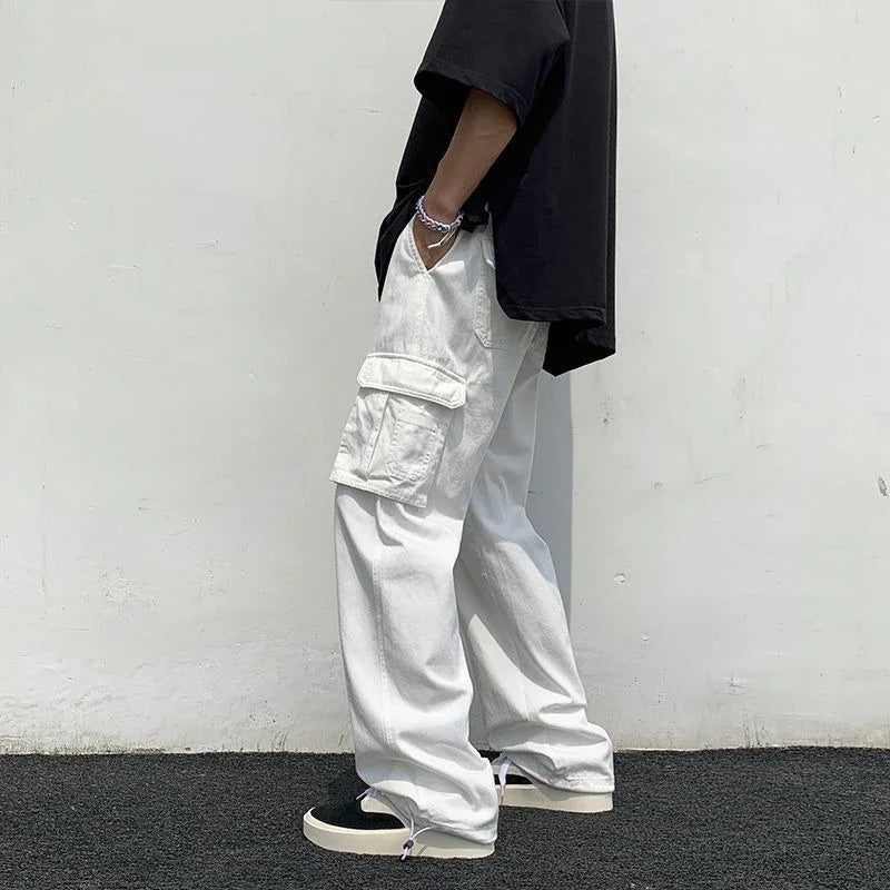 Threebooy  Male Trousers White Aesthetic Men's Cargo Pants Wide Multi Pocket Summer Multipockets Straight Clothing Long Fashion Regular Fit