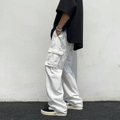 Threebooy  Male Trousers White Aesthetic Men's Cargo Pants Wide Multi Pocket Summer Multipockets Straight Clothing Long Fashion Regular Fit