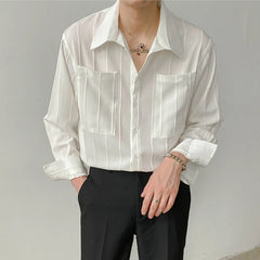 Threebooy  Autumn Men's Light Luxury Retro Korean Popular Shirt Leisure Long Sleeve Button-down Premium Solid Color Business Pocket Shirt