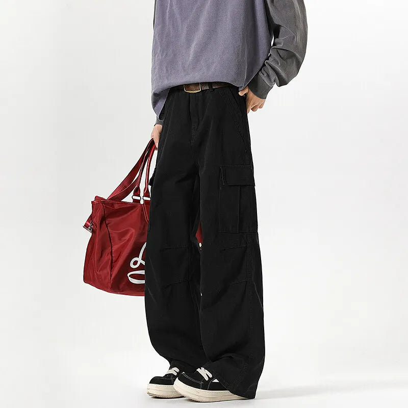 Threebooy  Mens Workwear Cargo Pants Straight Loose Fit Patchwork Design Denim Pants Casual Outdoor Streetwear Tactical Utility Clothing