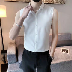 Threebooy  Elegant Fashion Harajuku Slim Fit Ropa Hombre Casual All Match Cotton Tshirts Solid Button Lapel Collar Sleeveless Blusa Vest