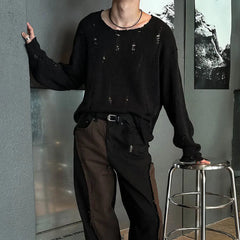 Threebooy  Men's Solid Color Ripped Long-Sleeved T-Shirt American Retro Fashion Trend High Street Loose Casual Breathable Niche Men's Tops