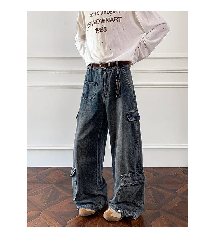 Threebooy Men Workwear Cargo Jeans New Multi Pocket Loose Straight Leg Baggy Streetwear Denim Pants Urban Casual Trousers 2025 Autumn