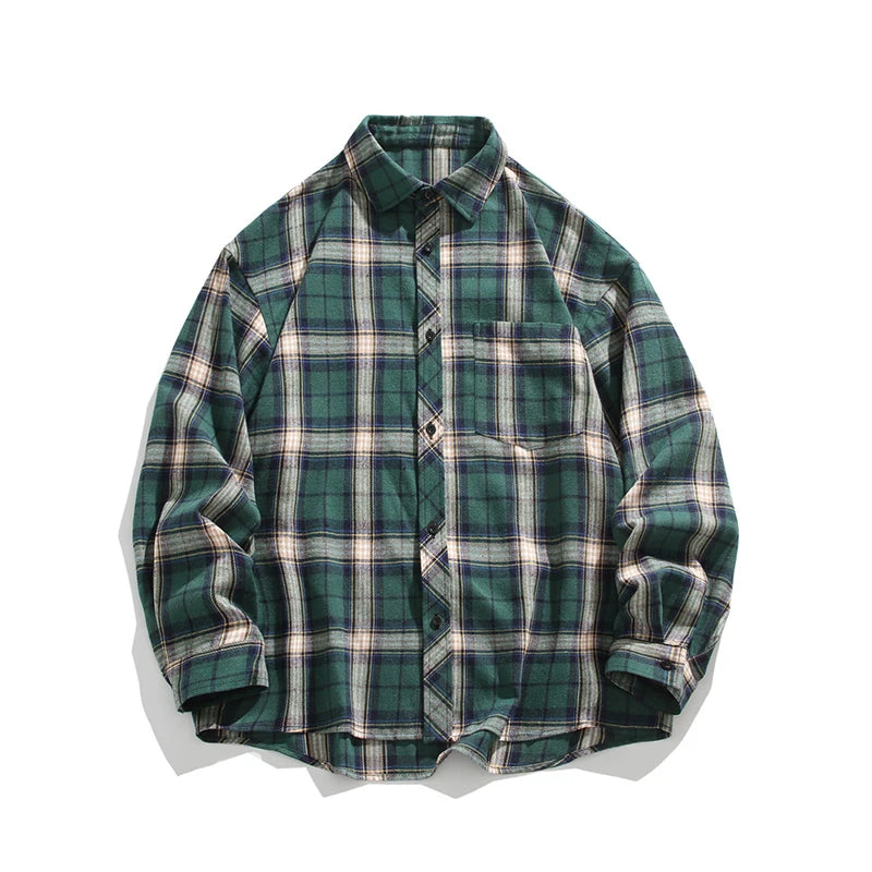 Threebooy Spring Long Sleeved Shirt Men Oversized Retro Plaid Shirt Men Japanese Streetwear Loose Casual Shirt Mens Vintage Shirts M-3XL