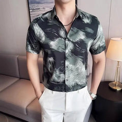 Threebooy  Summer New Fashionable Printed Short Sleeve Shirt Ice Silk Comfortable Shirt Fashionable Casual Flower Quality Men's Wear