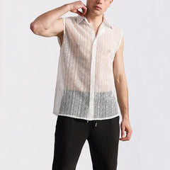 Threebooy  Summer Men's Mesh Lace Knit Shirt Streetwear Hollow-Out Sleeveless Dance Perspective Shirts Nightclub Disco Performance Tops