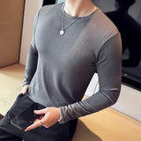 Threebooy Men's Spring Casual Long Sleeve T-shirts/Male Fashion Slim Fit Round Neck Striped T-shirt Man Tees Plus size 4XL-M
