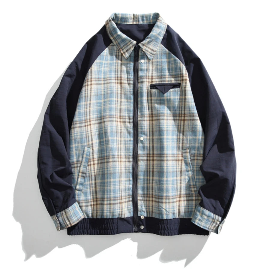 Threebooy Vintage Splicing Plaid Jackets Mens Harajuku Double-faced Cargo Coats Men Oversized Autumn New Streetwear Loose Casual Jackets