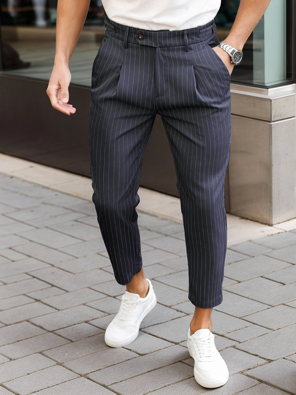 Threebooy  Men's Casual Vertical Striped Tapered Cropped Pants Gurkha High Waist Stretch Slim Fit Business Grey Navy Green Trousers