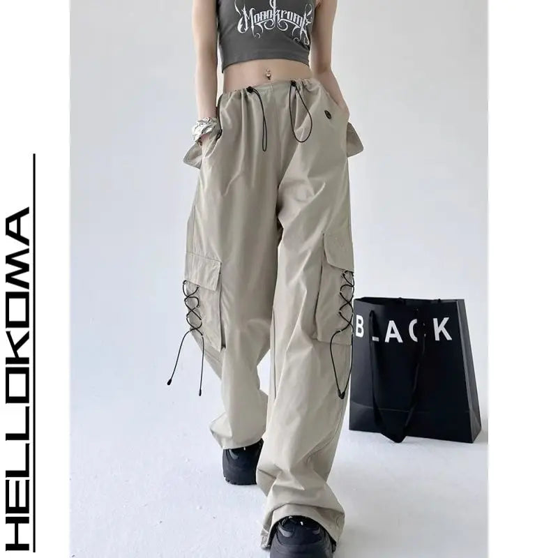 Threebooy  Workwear Pants Men's Japanese Retro Loose Wide-leg Straight Pants Design Sense Casual Drawstring Trousers Big Pockets
