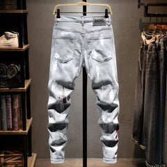 Threebooy  Spring and Autumn Fashion Trend Fashion Ripped Straight Stretch Jeans Men's Casual Slim Comfortable Breathable Small Legs Pants