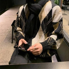 Threebooy  Autumn Men's Vintage Geometric Pattern Long Sleeve Sweater High Street Fashion Jacquard Knitwear Patchwork Y2K Knitted Pullovers