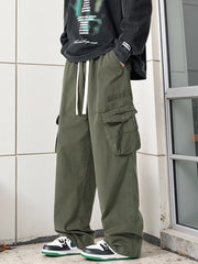Threebooy Men's Straight Cargo Pants with 4 Pockets Washed Cotton Drawstring Elastic Waist Wide Leg Workwear Casual Pants Loose Fit