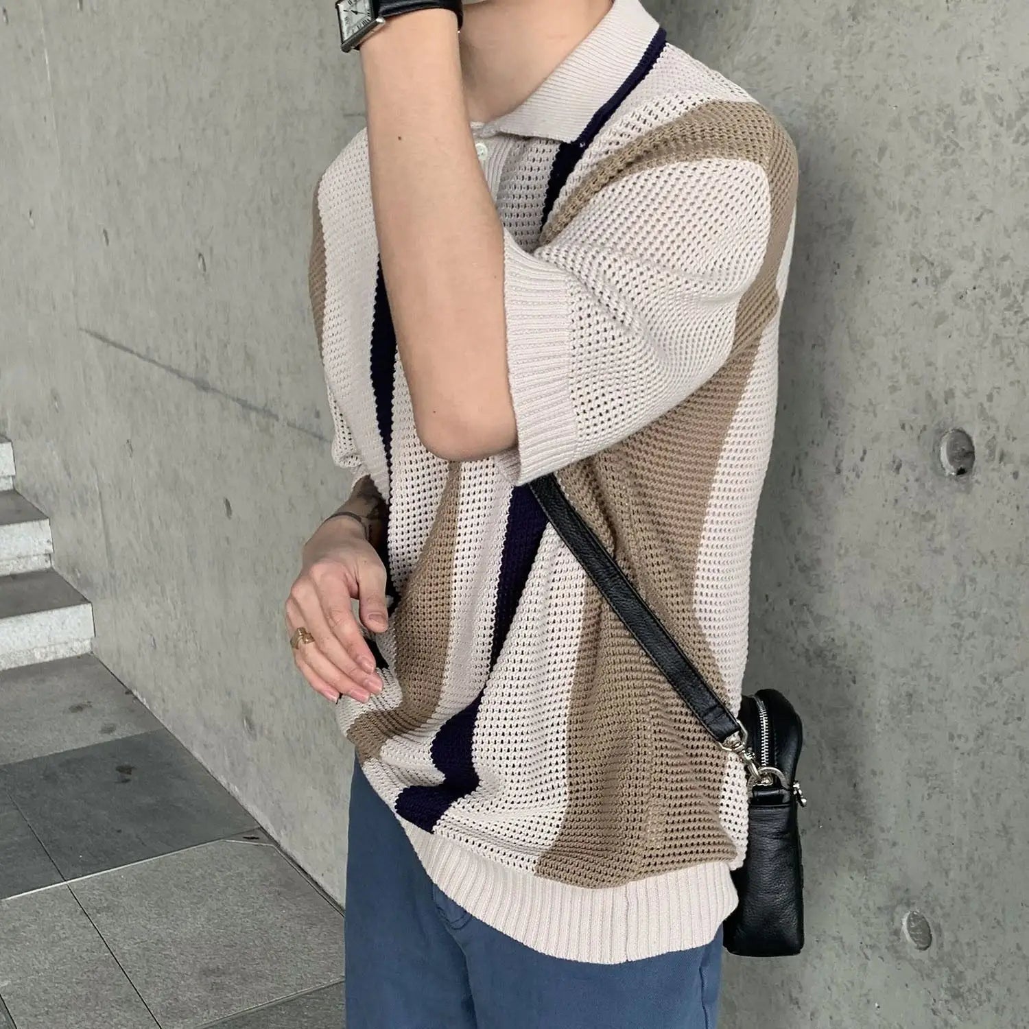 Threebooy Summer Hip Hop Men and Women Trendy Personalized Hollow Stripe Color blocked Knitted Polo Shirt Korean Casual Short Sleeve y2k
