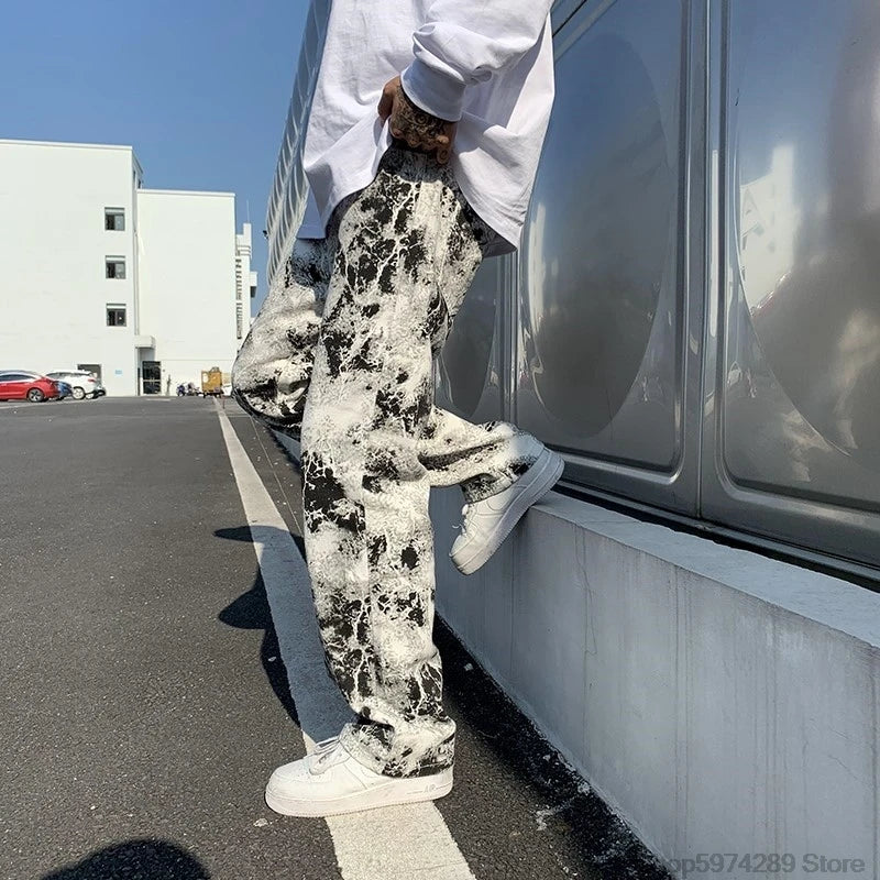 Threebooy Mens Jean Fashion Printed jeans Spring Mopping Trousers Jeans Korean Style High Street Loose Hip Hop Wide-leg Jean Pants