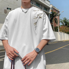 Threebooy Bamboo Embroidered T Shirt Men Harajuku Streetwear T-Shirts Summer Short Sleeve Black White Loose Casual Tshirt Tees Top