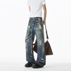Threebooy Jean Men Unique Design Graffiti Street Style Drag Jeans Urban Trendy Fashion Distressed Long Fit Casual Denim Pants Edgy Hip Hop