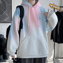 Threebooy New Patchwork Bear Hoodies Contrast Gradient Color Pullovers Korean Fashion Classic Baggy Sweatshirt Women/Men Pink Hoodie