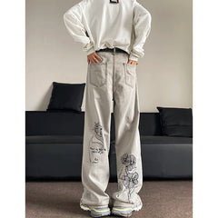 Threebooy  Men Loose Fit Straight Leg Printed Jeans Casual Comfort Denim Pants Streetwear Trendy Fashion Hip Hop Baggy Denim Trousers
