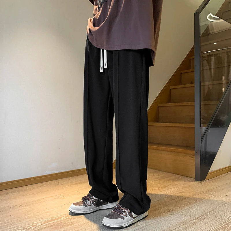 Threebooy Gray/Black Spring Summer Ice Silk Straight Pants Men's Pleated Loose Casual Mopping Trousers Trend Daily Streetwear Harem Pants