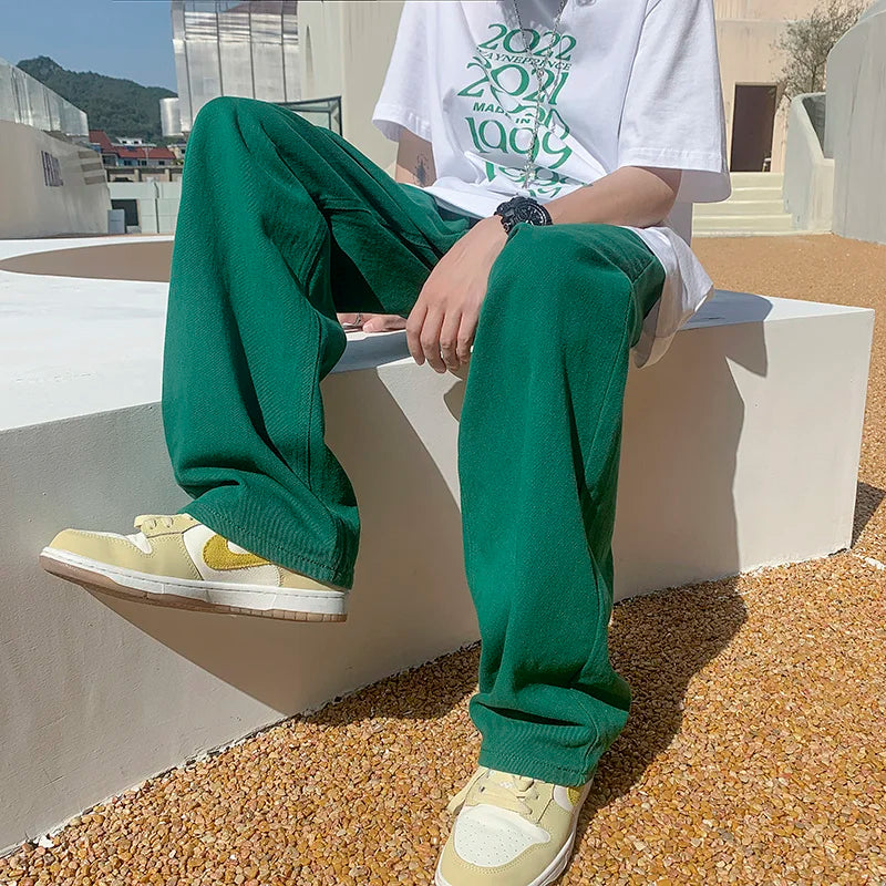 Threebooy  Green Baggy Jeans Men Fashion Casual Wide Leg Jeans Men Streetwear Loose Hip Hop Straight Denim Pants Mens Jean Trousers M-2XL