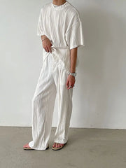 Threebooy Mature Style Two-piece Set of Wavy Pleated Short-sleeved T-shirt Men's Loose Casual Straight-dial Long Trousers Tracksuit Summer
