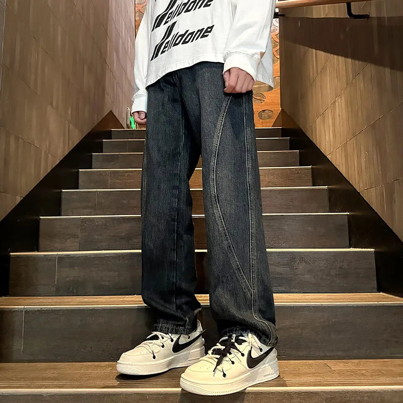 Threebooy Straight Leg Jeans Men Washed Solid Trousers Panel Design Denim Pants Autumn Fall Male Wear New 2025 High-quality denim pants