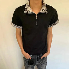 Threebooy  Men Leopard Print Spliced Collar Half-Zip Short Sleeve T-Shirt Streetwear Casual Top Trendy Niche Summer New