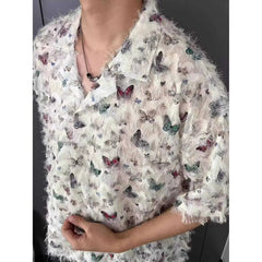 Threebooy  Vintage Niche Butterfly Burr Edge Tassels Short Sleeved Shirt Male Summer High Street Loose Comfortable Fashion All-match Shirt