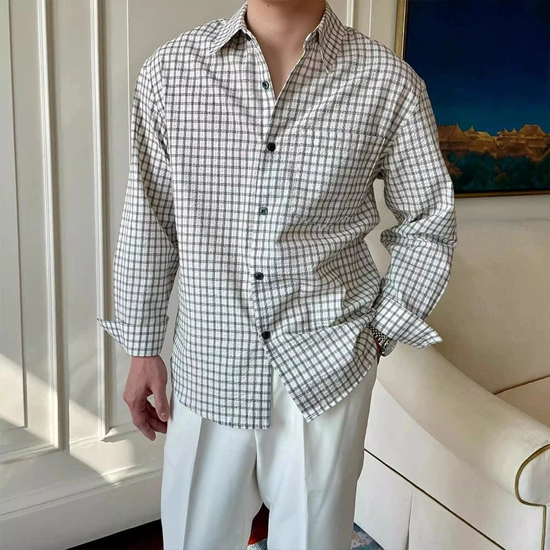 Threebooy  New American Retro Men Shirts Light Luxury Textured Lapel Plaid Long Sleeve Cardigan Leisure Trendy Premium Check Blouse M-2XL