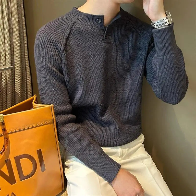 Threebooy  Autumn Winter Tops Men Casual Loose Flow Buttons Warm Knitted Sweaters