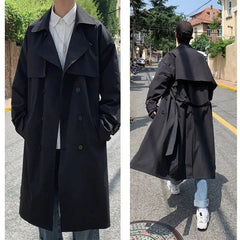 Threebooy Korean Style Trench Men Coat Male Streetwear Windbreaker Trenchcoat Solid Business Casual Streetwear Loose Long Overcoat