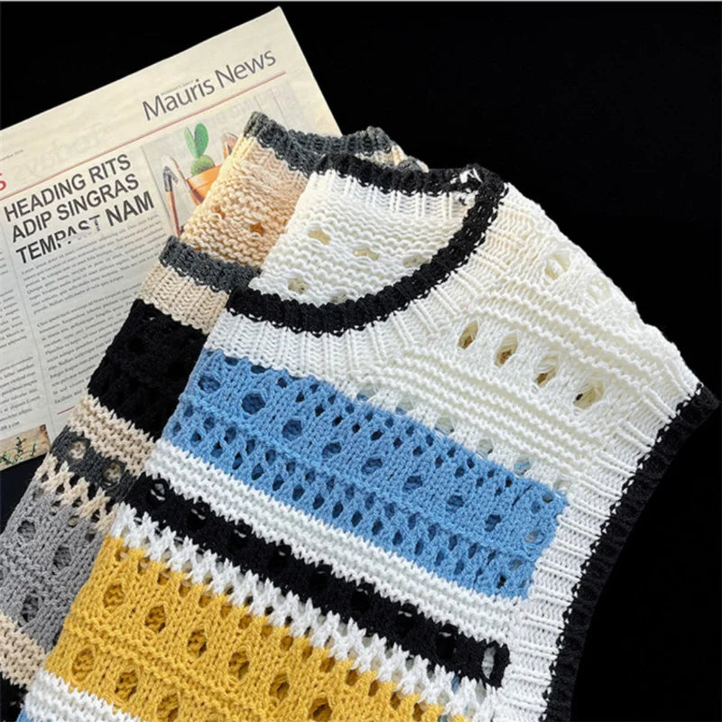 Threebooy Contrast Striped Hollowed Out Knit Tank Top Men's Oversize Summer Japanese Outerwear Layered Bf Couple Knitwear Sleeveless Top