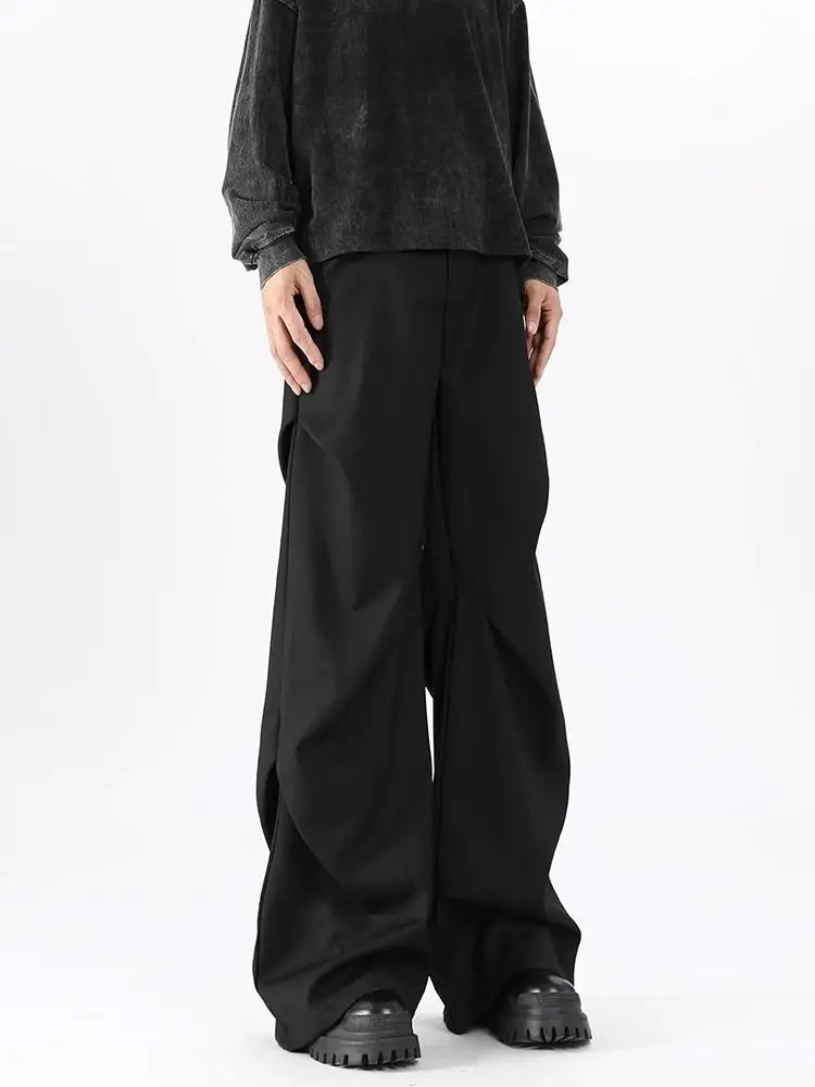 Threebooy American High Street Pleated Pants Floor Mopping Micro Trumpet Black Trousers Luxury Sense Clean Fit Casual Curved Knife Pants