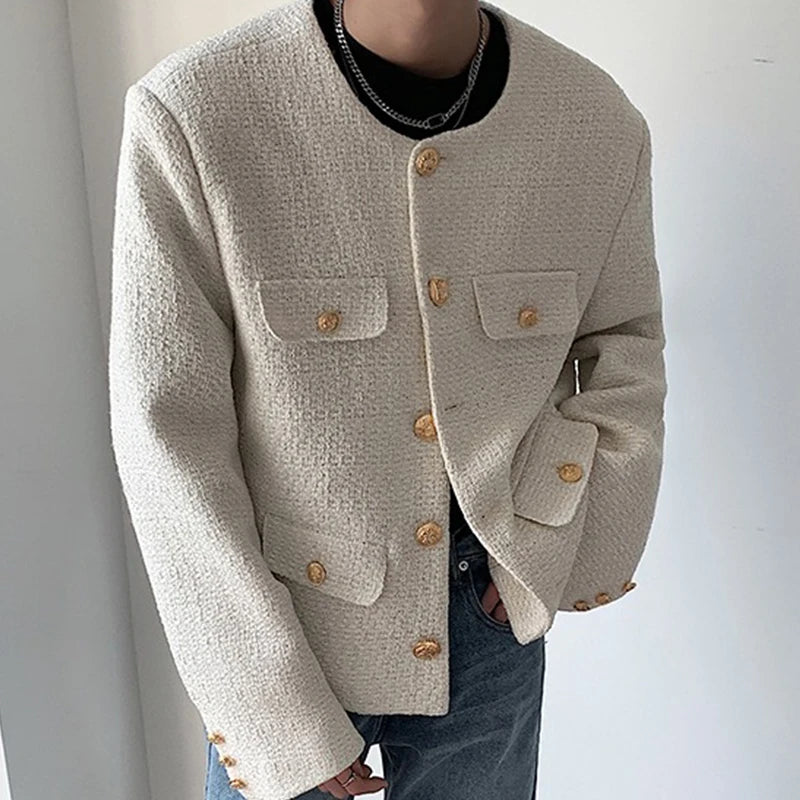 Threebooy Korean Style Fashionable Tweed Round Neck Jacket Men Japanese Trendy High-end Single-breasted Short Jacket with Temperament