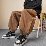 Threebooy Winter Japanese Retro Wide Leg Pants for Men Corduroy Haren Pants Oversized Casual Jogging Sweatpants Hip-hop Street Male