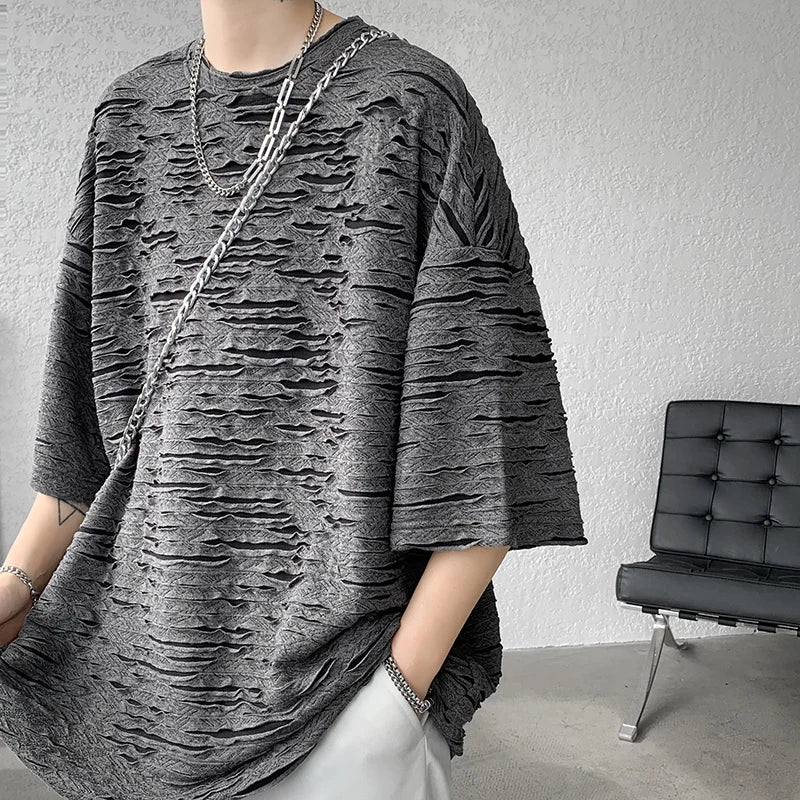 Threebooy Summer Chic Fashion Holes T-Shirts For Men Clothing Short Sleeve O-Neck Loose Casual Solid Color Tee Shirt Homme Streetwear