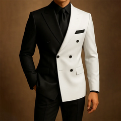 Threebooy  Elegant Men Two Tone White Black 2Pic Tuxedos Double Breasted Jacket+Pants Set Party Prom Formal Outfit Stage