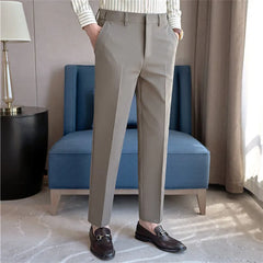 Threebooy Spring Autumn Suit Pants Men Solid Color Fashion Slim Fit Smart Casual Suit Trousers Mens Elastic Waist Korean Full Length Pants