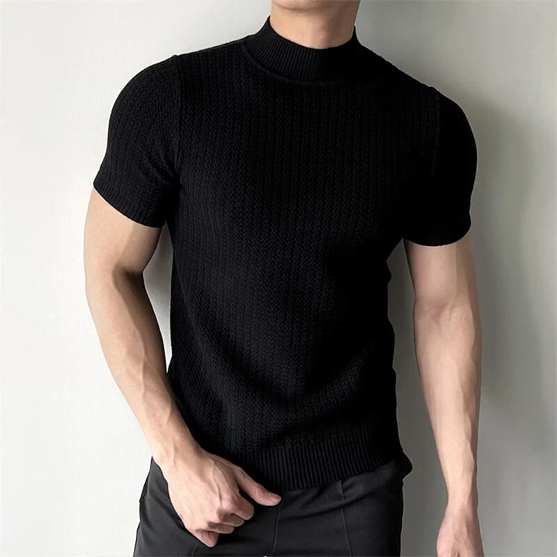 Threebooy  Men's Clothing Fashion Jacquarded Tops Luxury High Quality Knit O Neck Short-sleeved T-shirt Leisure Popular Retro Slim Knitwear