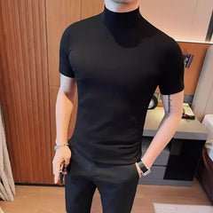Threebooy  Summer T Shirt Men Short Sleeve Half High Neck Tight Fit T-shirt Fashion Casual Social Base Shirt Streetwear Tee Tops M-5XL