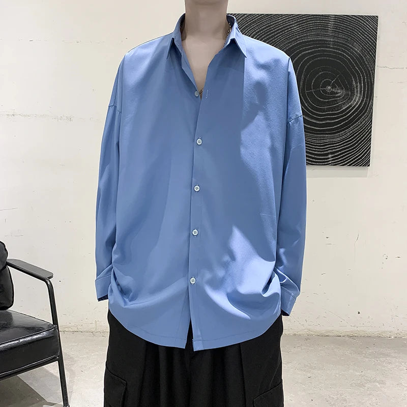 Threebooy Men Black Solid Long-sleeved Shirts Mens Harajuku Fashion Oversize Shirt Male Gray Casual Streetwear Loose Blouses Plus Size
